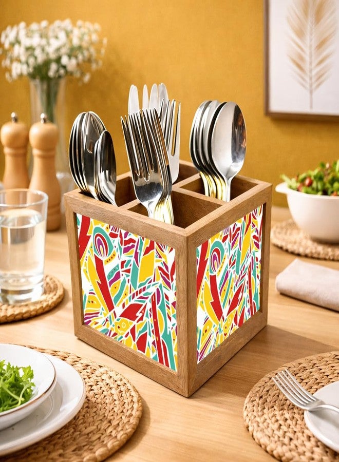 نتكيس حامل أدوات مائدة خشبي من نوتكيس، منظم ملاعق وشوك وسكاكين، مناسب لطاولة الطعام والمطبخ - صنع في الهند - الملاعق غير متضمنة - ريش قوس قزح - Image 2